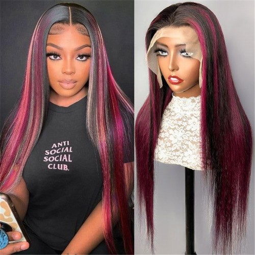 Purple Highlights Straight 13x4 Transparent Lace Front Wig | Human Hair Wig | Lace Front